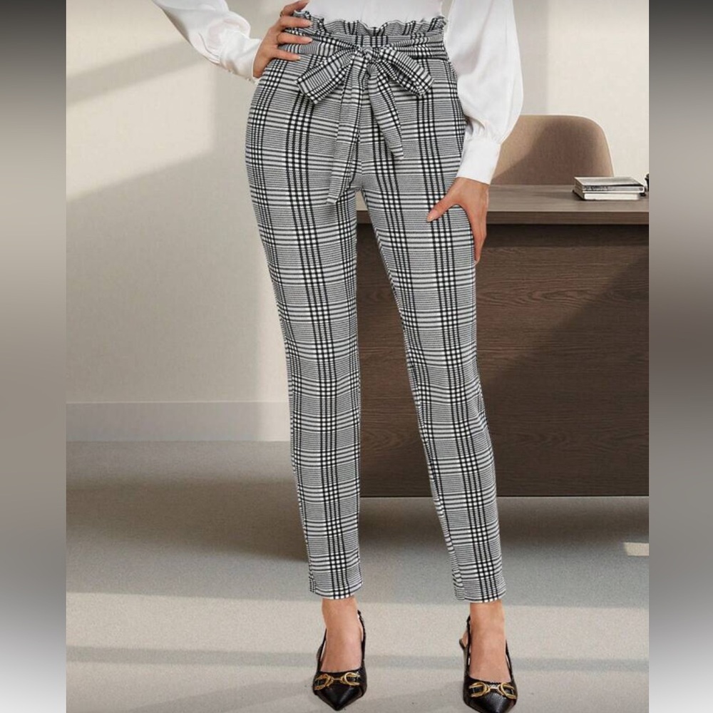 Plaid pants leggings paperbag ruffle waist tie bow